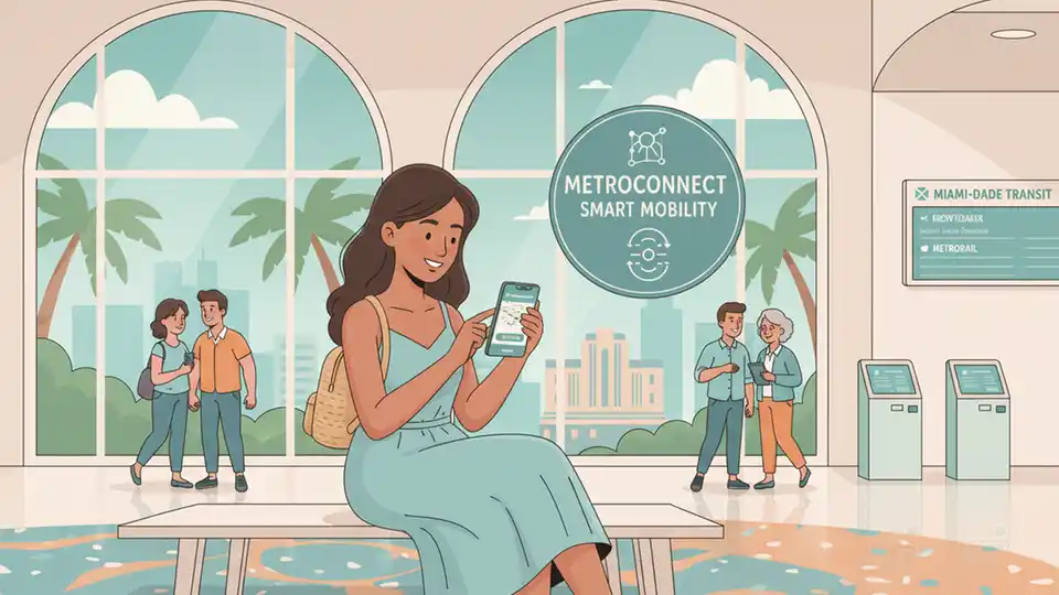 Passenger using smartphone to book MetroConnect ride at Miami transit terminal