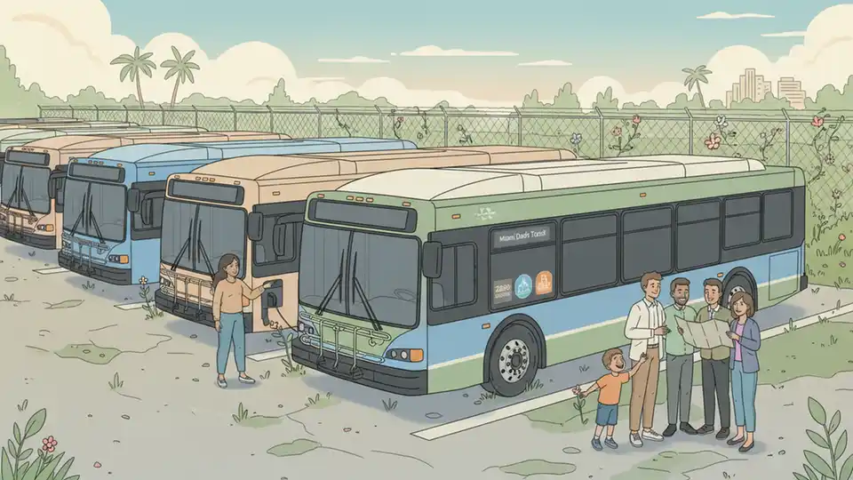 Electric buses parked at remote storage facility showing signs of disuse