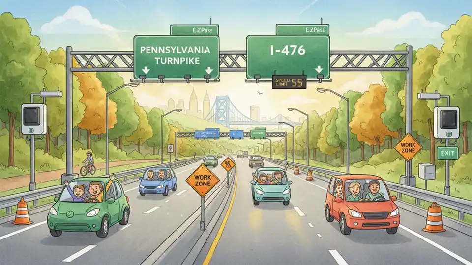 Pennsylvania Turnpike Northeast Extension I-476 with radar detection equipment and work zone signage visible