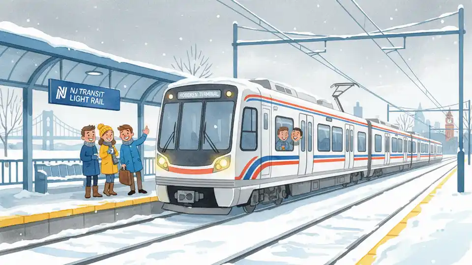 NJ Transit light rail train at station platform with snow-covered tracks and winter weather conditions visible