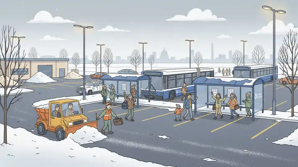 Fairfax Connector Park and Ride facility with snow removal equipment and winter maintenance operations