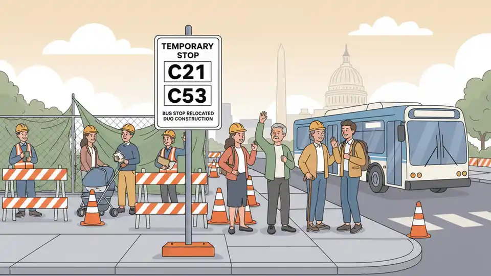 Temporary bus stop sign with route numbers C21 and C53 displayed, showing relocated stop location with construction barriers visible nearby