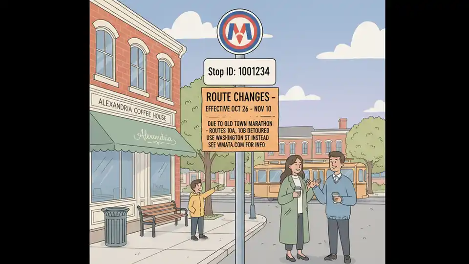 Metro bus stop sign showing temporary route changes with stop ID number in Alexandria