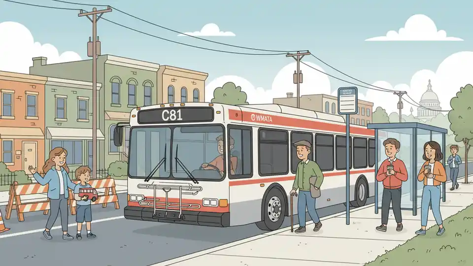 WMATA C81 bus at Kennedy Street NW stop with construction barriers visible in background