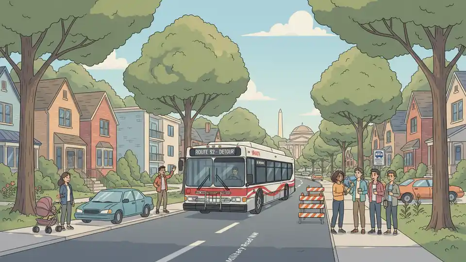 WMATA bus navigating detour route on Military Road NW in Northwest DC