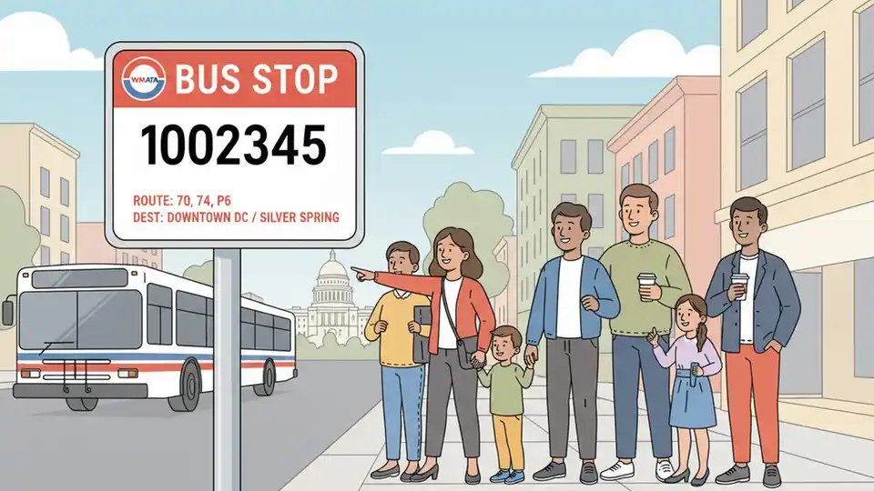 Close-up of a WMATA bus stop sign with Stop ID number visible, showing the pole-mounted sign against a street background with clear visibility of the identification markings