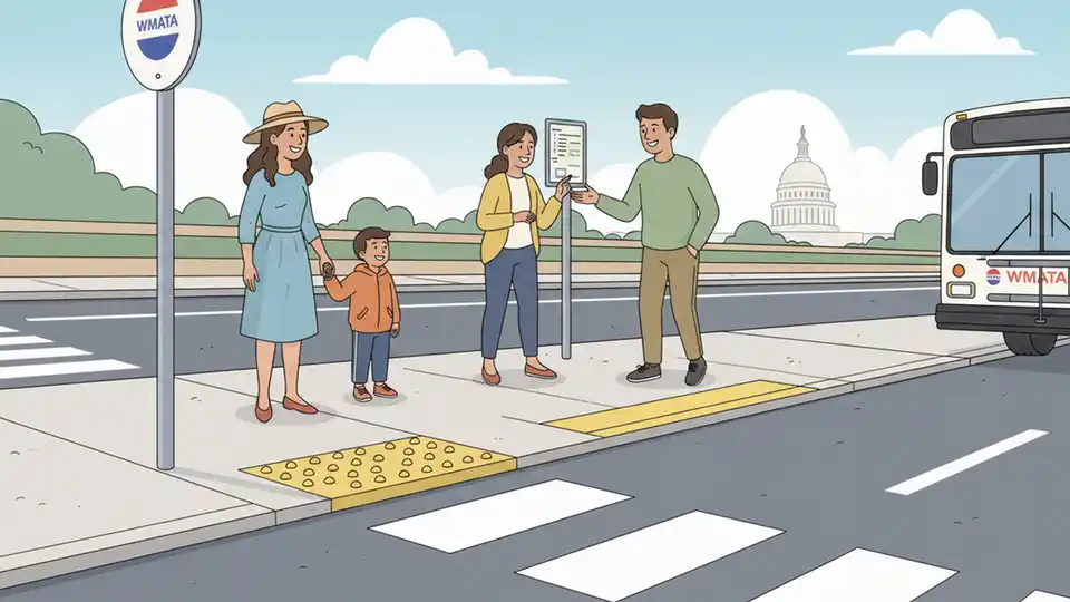 Close-up view of ADA-compliant bus stop pad with tactile warning strips and level boarding area for WMATA bus service