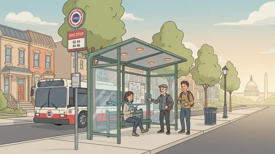 WMATA bus stop sign and shelter on Kennedy Street NW in Washington DC, showing typical Metro bus stop infrastructure