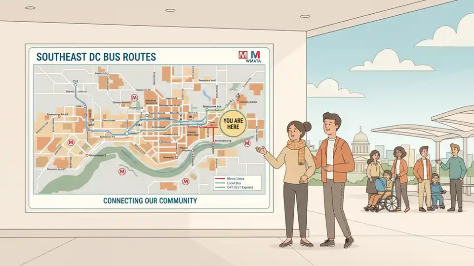 Wide shot of WMATA bus route map display showing C41 and C51 routes in Southeast DC corridor, digital or printed format with Potomac Avenue highlighted, transit wayfinding context