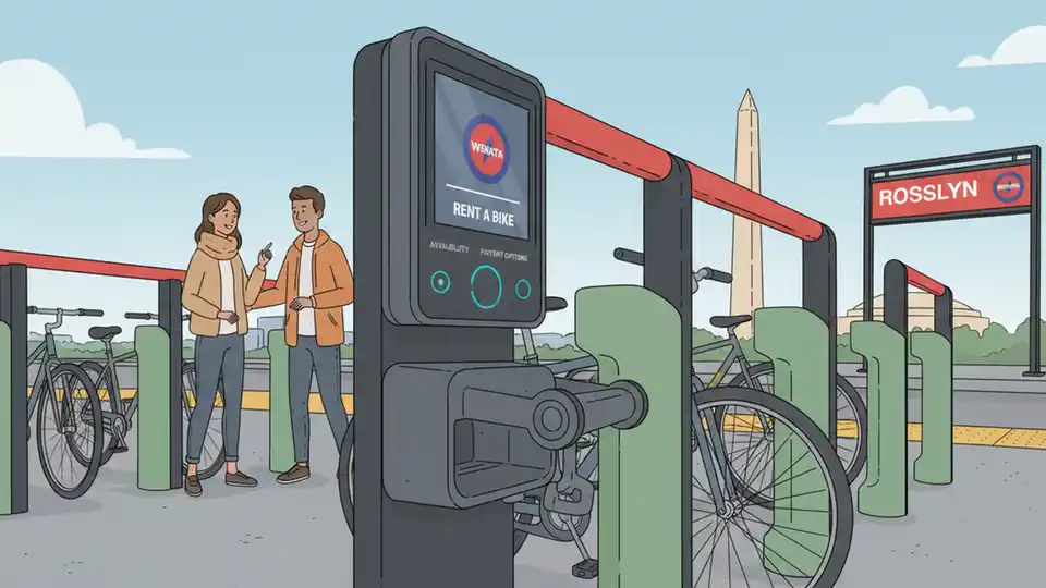 Description: Close-up of smart bike rack technology with digital interface panel and secure locking mechanism at Metro station
Alt text: Smart bike rack locker technology WMATA Metro station bike parking upgrade
Composition: Detail shot focusing on smart rack's digital access panel and locking system, showing modern bike parking technology features