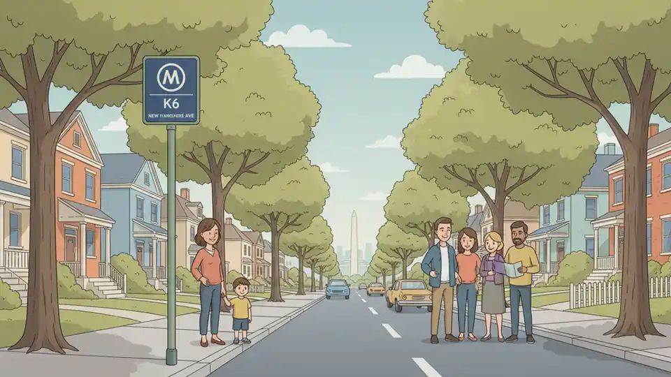 Bus stop sign with route number posted on pole along New Hampshire Avenue, residential street with sidewalk and trees