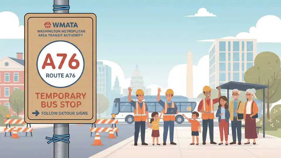 Temporary bus stop sign with WMATA Route A76 information posted on a pole near an intersection, showing construction barriers in the background