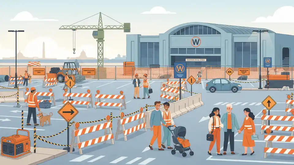 Metro construction zone signage and safety barriers at Southern Avenue Station parking area, showing clear warning signs and marked restricted areas