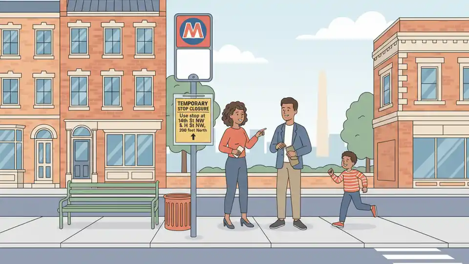 WMATA bus stop sign with temporary closure notice and alternate stop directions posted