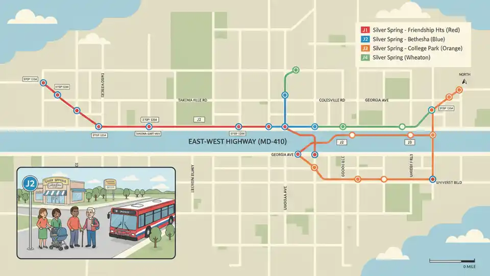 WMATA bus route map showing East-West Highway corridor with stop locations marked, close-up view of street intersection