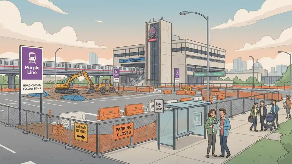 Construction activity at New Carrollton station showing closed parking areas along Ellin Road with detour signage and Purple Line construction barriers