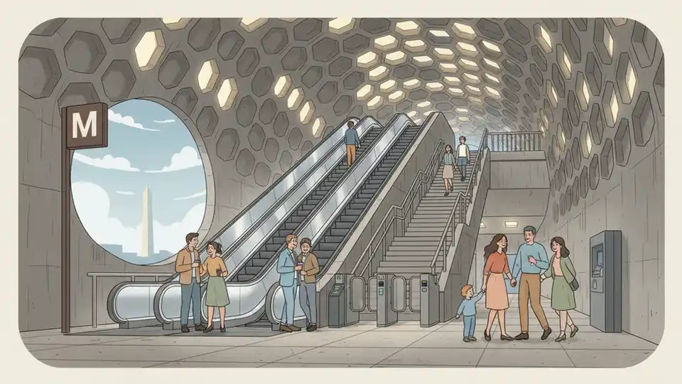 Metro station entrance with escalators and stairway showing typical Washington DC subway station infrastructure and passenger access points