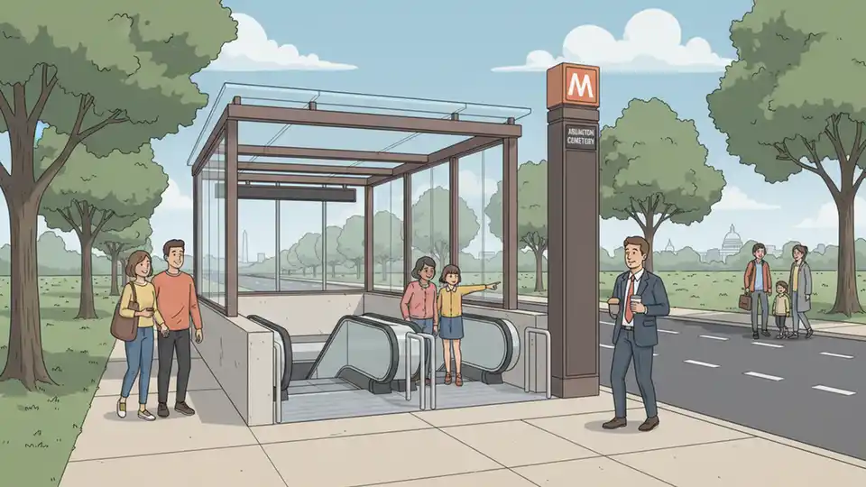Arlington Cemetery Metro station entrance with escalators and Memorial Drive visible in background