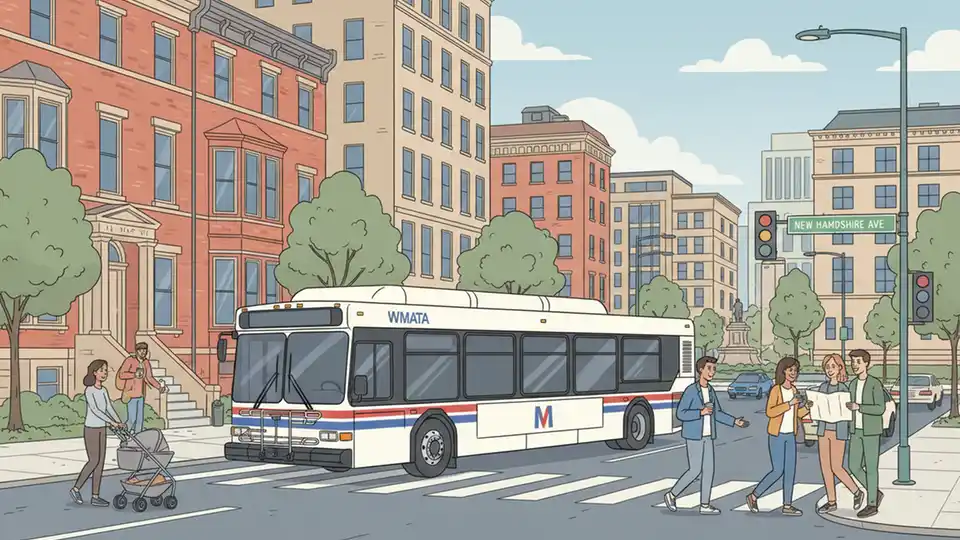 WMATA Metrobus on New Hampshire Avenue with Dupont Circle neighborhood buildings in background