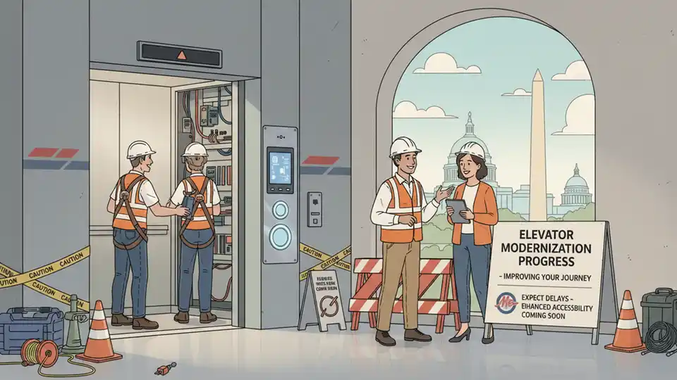 Metro elevator undergoing modernization with new control panel and safety equipment being installed by maintenance workers