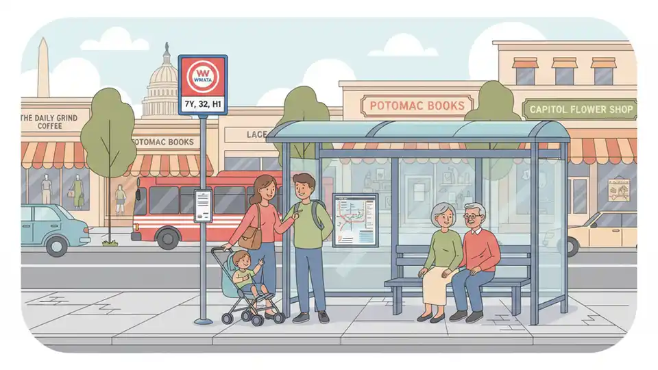Urban bus stop sign and shelter on commercial street with retail storefronts, showing typical WMATA stop infrastructure and signage, street-level view