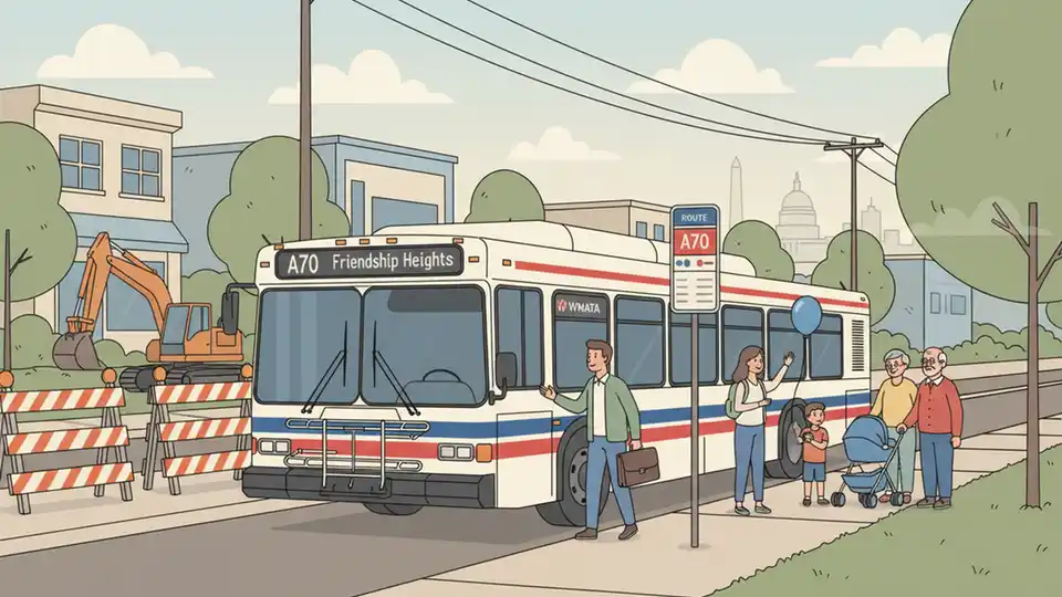 WMATA Route A70 bus at suburban bus stop with construction barriers visible in background