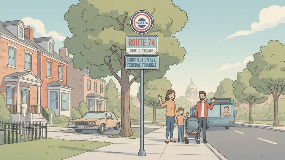 WMATA bus stop sign showing route number and stop ID with residential street in background