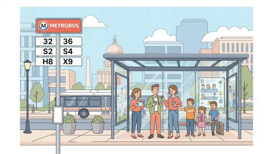 WMATA bus stop sign with route numbers displayed at downtown DC transit shelter
