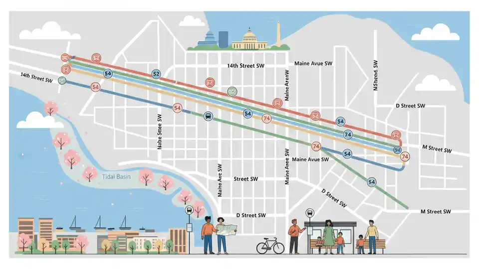 Washington DC Metro bus route map showing 14th Street SW corridor with multiple bus stops