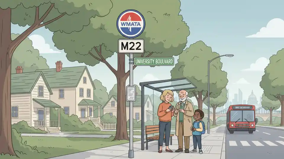 Bus stop sign showing M22 route number with University Boulevard street sign visible in background, Kensington area