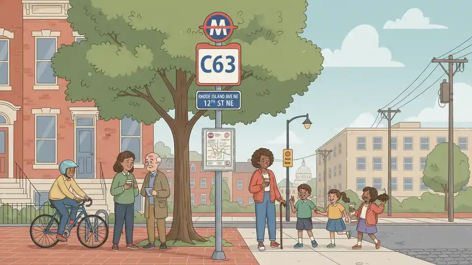 Metro bus stop sign showing route C63 with street intersection in Northeast Washington DC