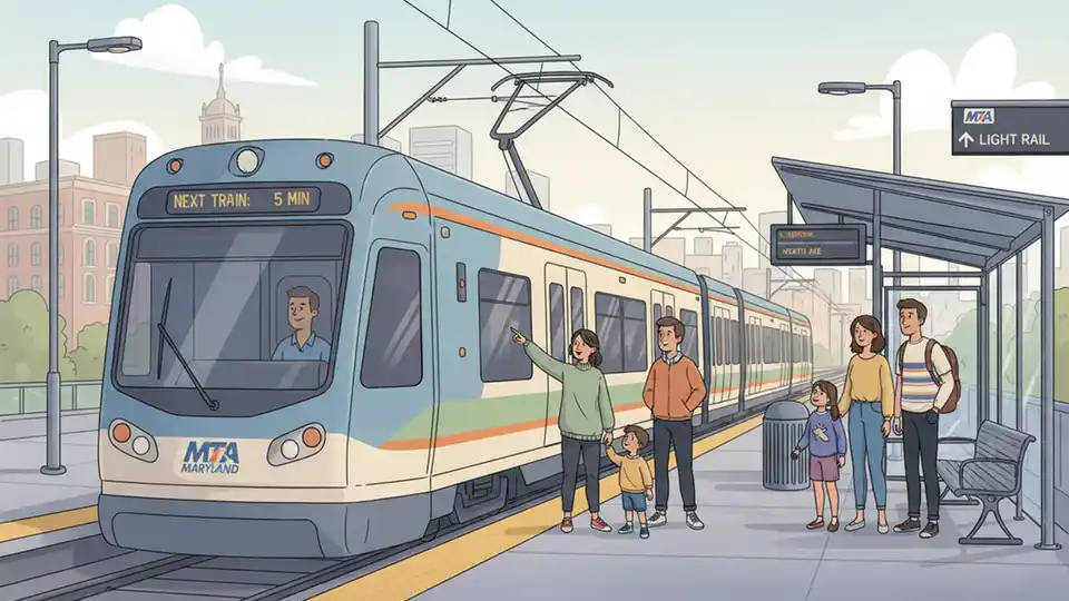 Maryland Transit Administration light rail train at station platform in Baltimore with modern transit infrastructure
