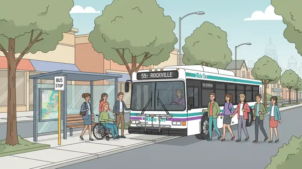Public transit bus at a stop in Montgomery County, Maryland, showing the type of transportation system the veteran previously relied on for daily commuting