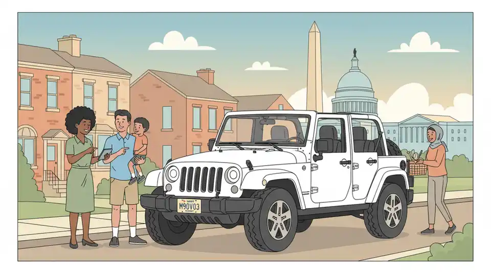 White Jeep Wrangler SUV similar to vehicle involved in hit-and-run incident with Maryland license plate visible