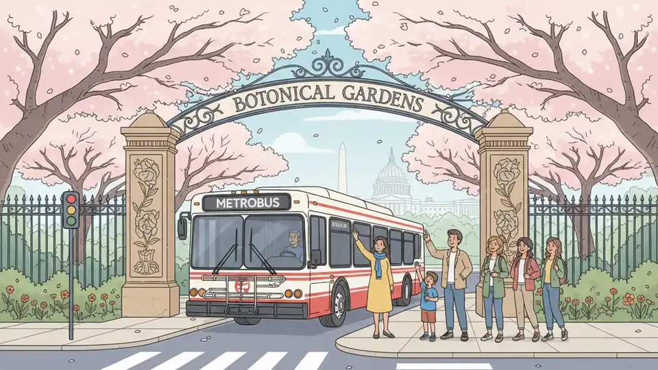 City bus passing cherry blossom trees at urban botanical garden entrance