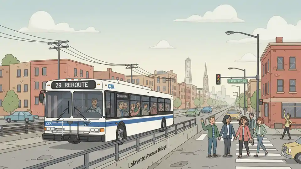 CTA bus crossing bridge near Lafayette Avenue on Chicago's South Side during reroute