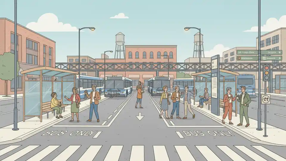 CTA bus staging area at 69th Street terminal in Chicago showing multiple bus bays and passenger waiting area