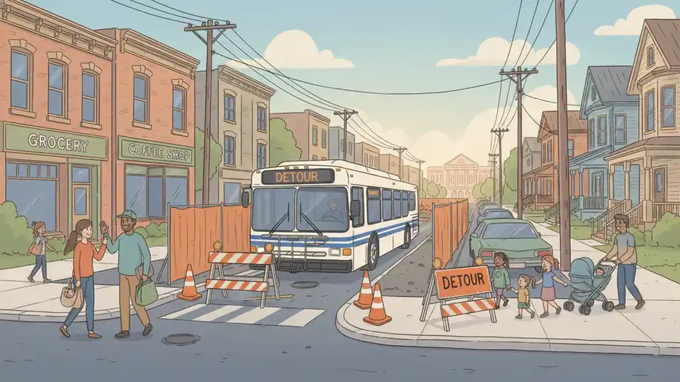 Chicago bus navigating detour route on South Side street with construction barriers visible