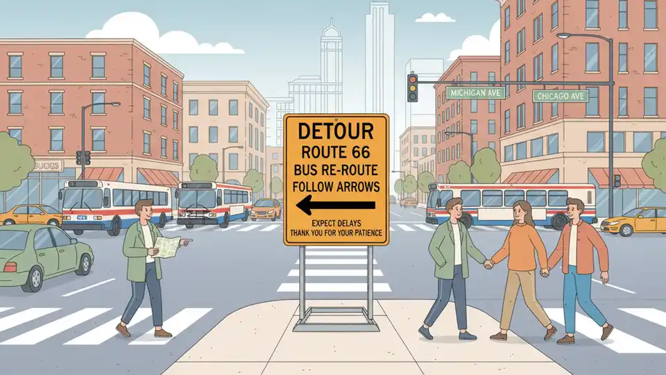 CTA bus route detour sign and street intersection in Chicago showing temporary service changes with traffic and urban buildings