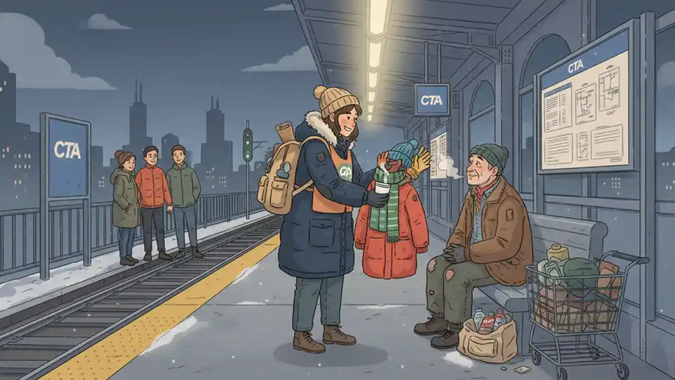 Homeless outreach worker providing warm clothing and food to person on CTA train platform during winter evening
