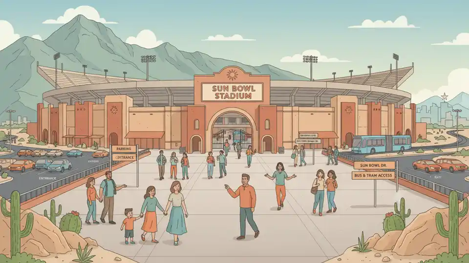 Sun Bowl Stadium exterior showing main entrance gates and surrounding transit access points