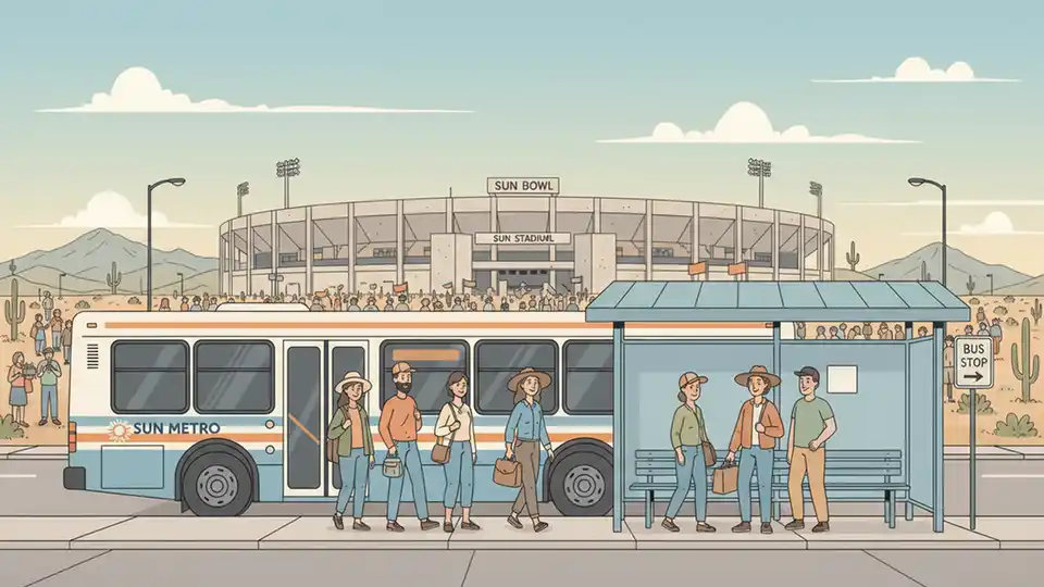 Transit passengers boarding bus near stadium venue with concert crowd in background