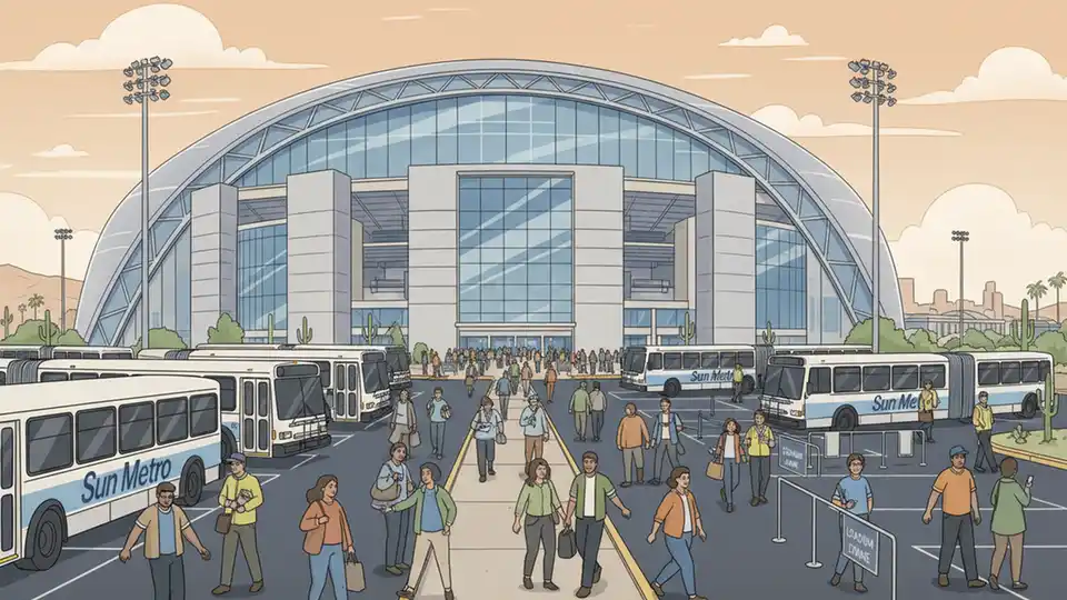 AT&T Stadium exterior with transit buses and passenger drop-off area during major event