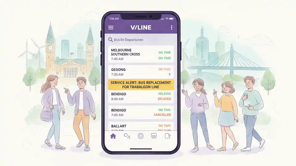 Close-up of smartphone displaying V/Line app interface with departure times and service alerts