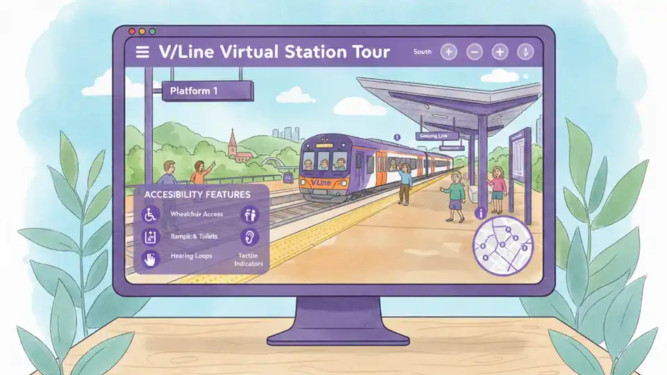 Computer screen displaying V/Line virtual station tour interface showing station platform view with accessibility information overlay