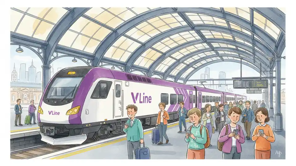 V/Line train at Southern Cross Station platform with passengers checking mobile phones for departure information