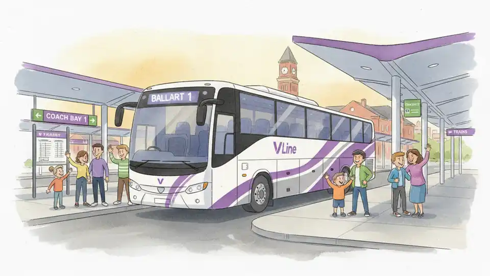 V/Line coach bus at regional transit center with route information displayed