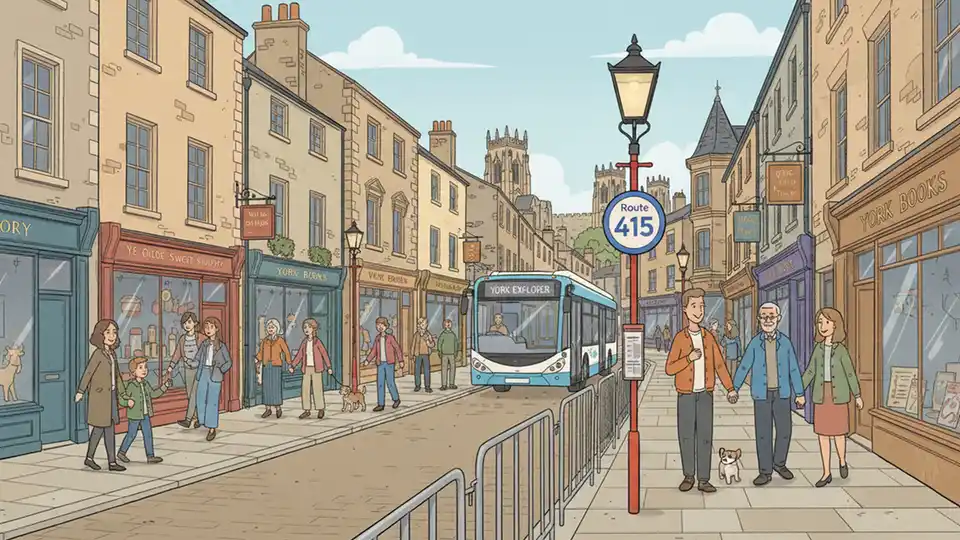 York city center street scene with parade barriers and bus stop sign showing Route 415, historic buildings lining narrow street