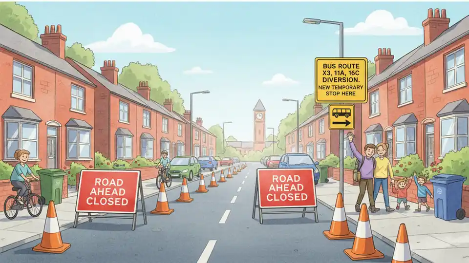 Road closure signs and traffic cones on residential street with bus route detour signage