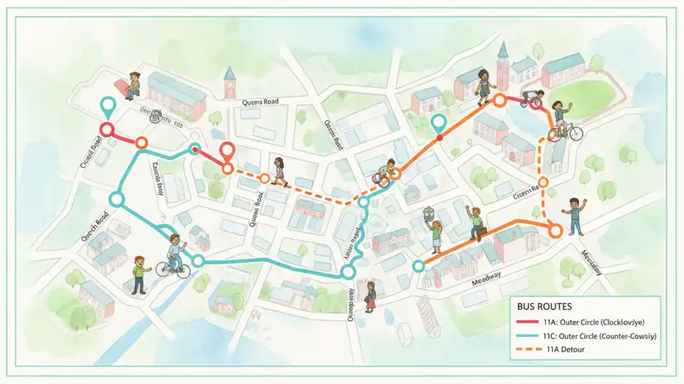 Birmingham bus route map showing detour streets Church Road Queens Road Meadway